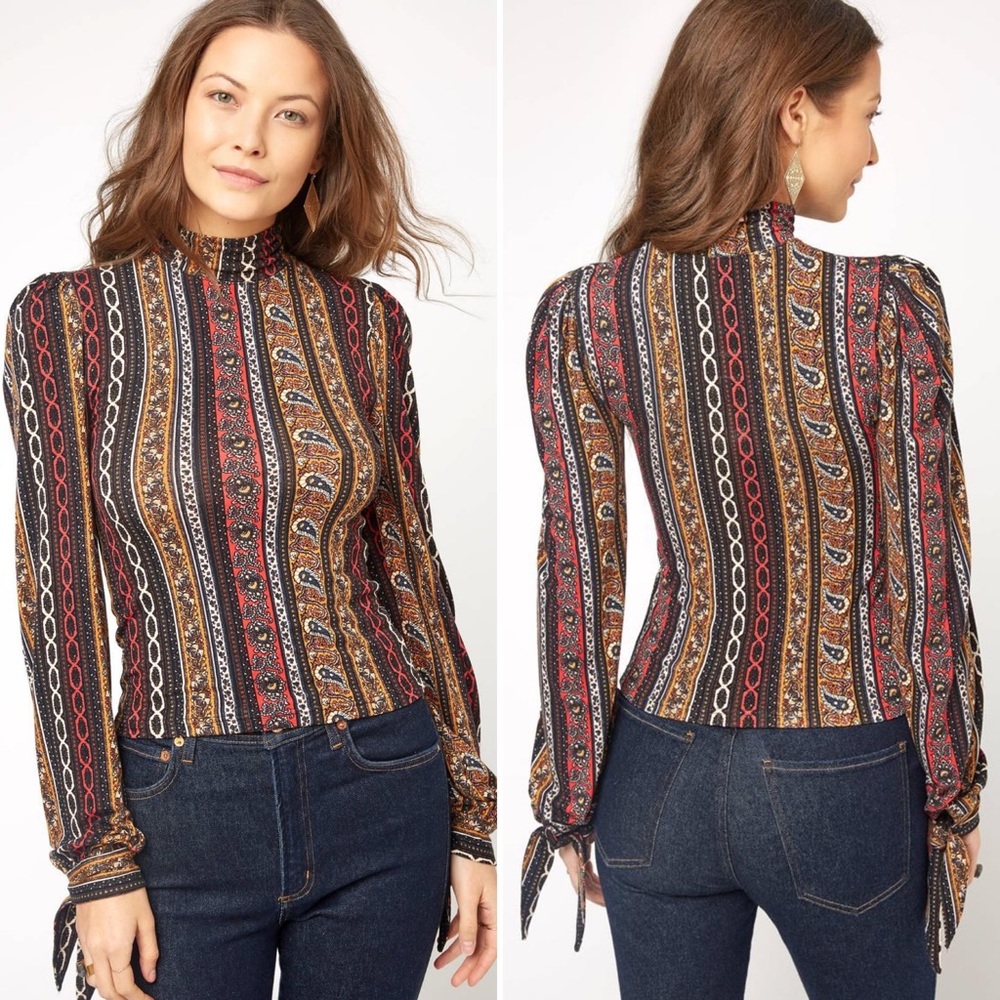 free people | donatella retro stripe printed mock turtleneck tie-sleeve s